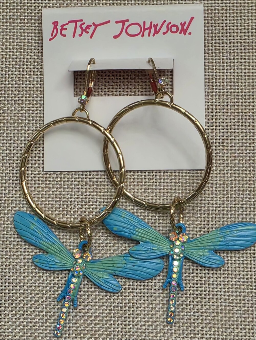 Betsey Johnson Gold Hoop Earrings with Blue-Green Dragonfly Charms New
